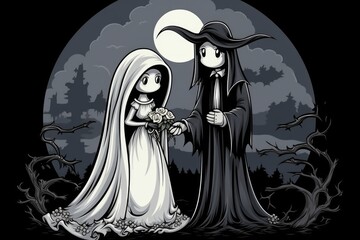 Two cute cartoon characters grim reapers at Happy Halloween background having fun celebrating Haloween scary spooky haunted night fantasy fall scene party. Helloween invitation backdrop.