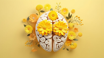 World mental health awareness day. Human brain and flowers on a yellow background - obrazy, fototapety, plakaty