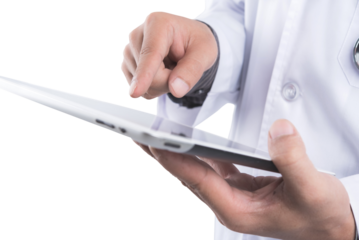 Doctor hold tablet in hand monitor showing patient heart rate, medical rescue concept on transparent background