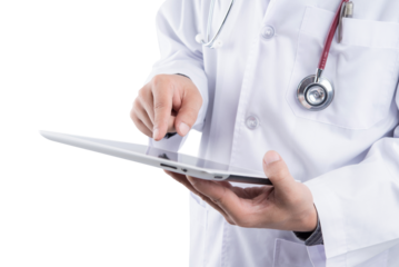 Doctor hold tablet in hand monitor showing patient heart rate, medical rescue concept on transparent background