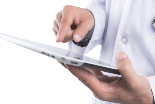 Doctor hold tablet in hand monitor showing patient heart rate, medical rescue concept on transparent background