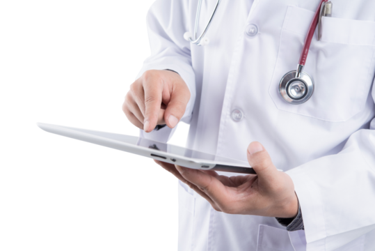 Doctor hold tablet in hand monitor showing patient heart rate, medical rescue concept on transparent background