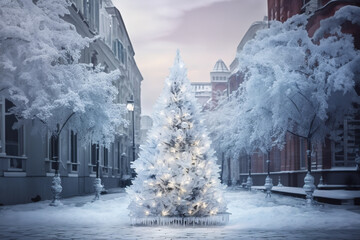 Ice glass Christmas tree on winter street, atmospheric evening Christmas night, city square