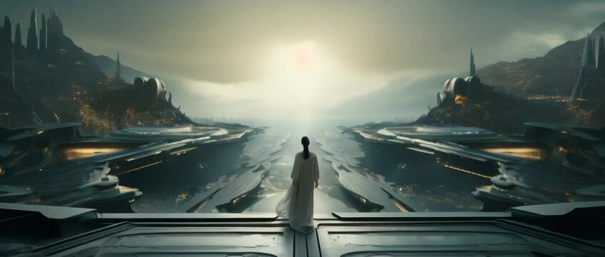 From behind shot of female dressed in futuristic outfit standing on platform with arial view on futuristic city.Anamorphic 4k footage
