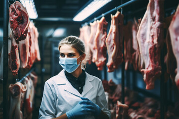 Female butcher with mask, inspecting cold storage for meat . Generative Ai