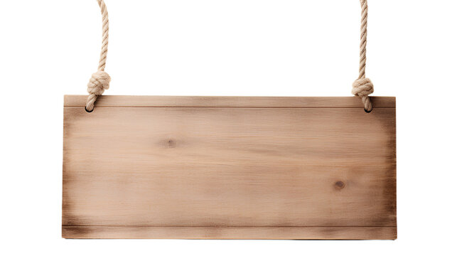 Hanging Wooden sign with ropes. Isolated on Transparent background.