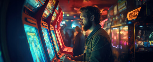 Gamer playing classic arcade game - obrazy, fototapety, plakaty