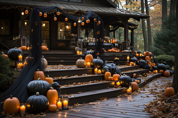 Halloween-themed staircase guiding guests to country house, embellished with pumpkin decorations showcasing illuminated smiles and eyes, all set for festive party.