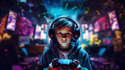 Kid gamer wearing with headphones and game controller