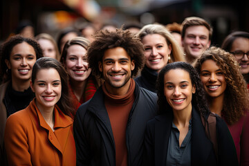Group of multinational happy employees in front of the building on the street are looking at camera