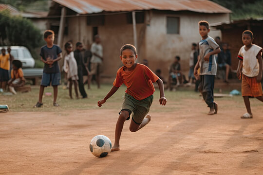 Little African boy is playing football with happy friends in village