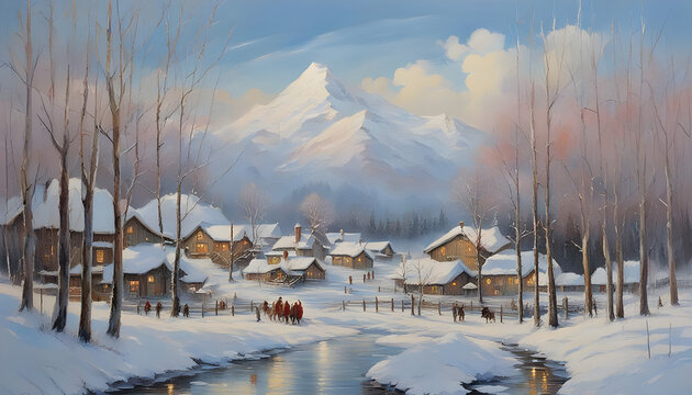 A vivid image of a winter village covered by a new layer of snow with towering mountains in the background, winter landscape in the mountains