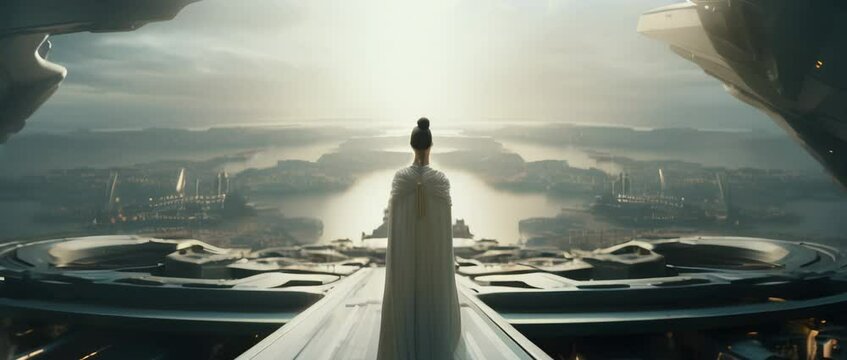 From behind shot of female dressed in futuristic outfit standing on platform with arial view on futuristic city.Anamorphic 4k footage