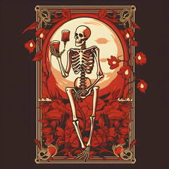 Victorian Gothic Skeleton Toasting with a Glass of Wine, Surrounded by Roses and Full Moon
