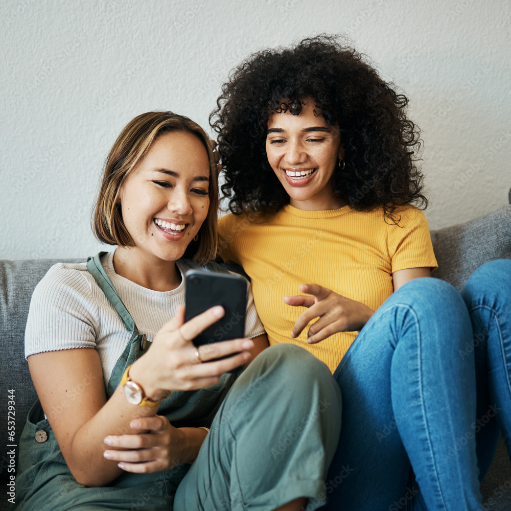 Poster friends, relax on sofa with smartphone and chat online with communication, funny meme and reading te