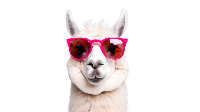 white lama alpaca with bubblegum wearing sunglasses. Isolated on Transparent background.