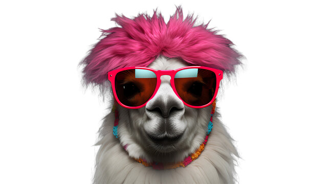 white lama alpaca with bubblegum wearing sunglasses. Isolated on Transparent background.