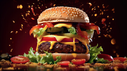 hamburger with beef meat bun with salad, cheese cheddar and sauce juicy and appetizing. Meat burger Gourmet, cheese, pickle, onion, lettuce, tomato, Illustration. Big burger close up. Generative Ai - obrazy, fototapety, plakaty