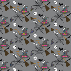 Halloween seamless pattern with doodles, cartoon elements for nursery prints, wallpaper, backgrounds, scrapbooking, stationary, wrapping paper, etc.
