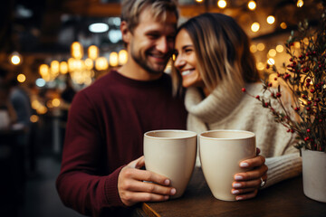 Couple in love drinking coffee at a christmas market. Man and woman holding cups of coffee.