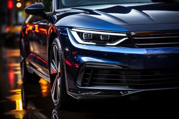 Close-up of the headlights of a modern car in the city