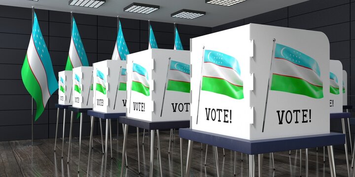 Uzbekistan - polling station with many voting booths - election concept - 3D illustration