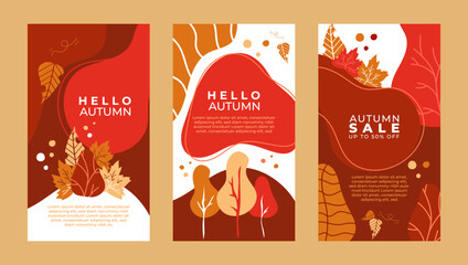 Hello Autumn themed banner and social media story template sets with vibrant colors and space for text brochure flyer advertising template background brown