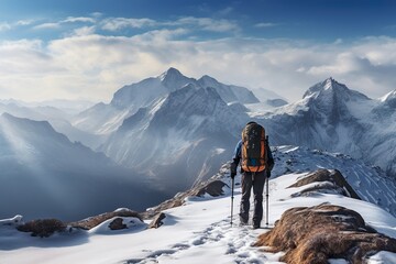 Naklejka na ściany i meble a man hiking alone in a winter mountains with trekking poles | Generative AI