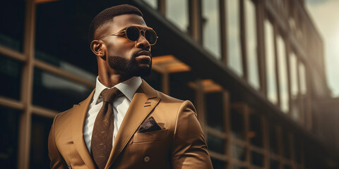 African American ethnicity businessman in urban city. Success of professional with copy space. Handsome African man in suit. Bank CEO. Millionaire luxury lifestyle.