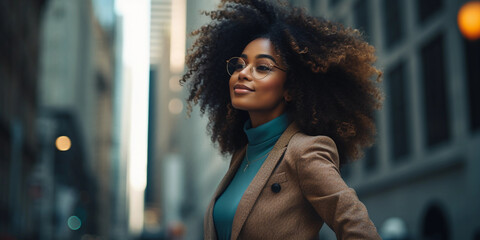 Beautiful african american woman in suit. Success of businesswoman with curly brown hair. Confident person in city.