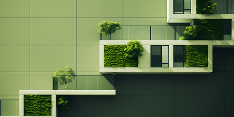 Environment friendly modular house architecture. Green city planning. Lush green plants and modern residential buildings with windows. - obrazy, fototapety, plakaty