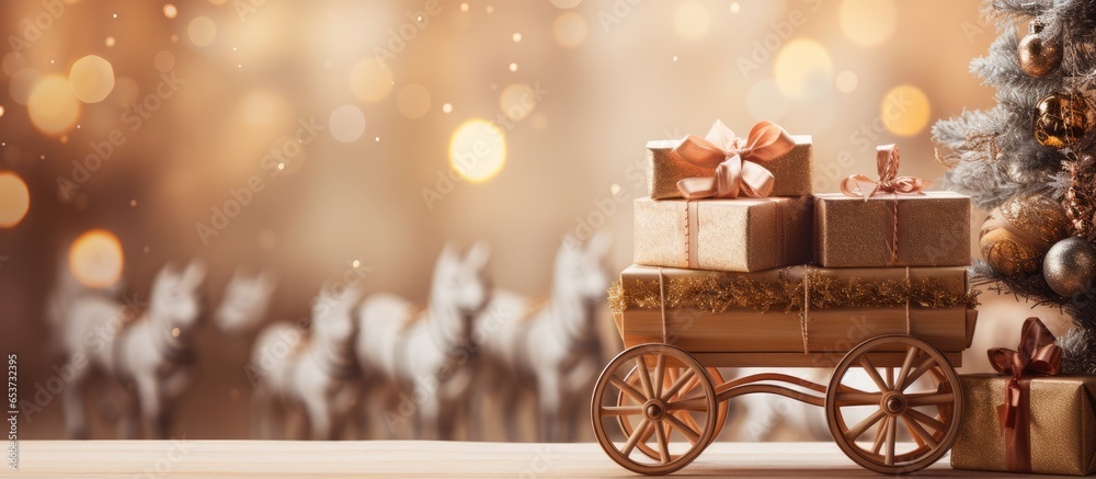 Poster blurred lights illuminate a wooden table with a decorated christmas scene