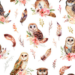 Seamless pattern with hand painted watercolor Owls and flowers. Cute print for textile design, scrapbook paper, decorations, fabric designs and more. Owls seamless pattern.