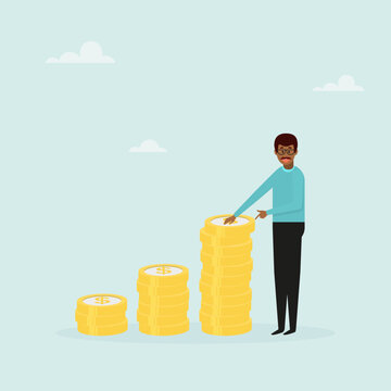 Businessman stands next to a pile of coins. Success concept. Businessman character vector illustration.
