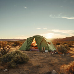 a forest green patagonia camping tent in a southern california mountain desert setting, it's dusk and the sun is setting. - obrazy, fototapety, plakaty