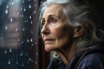 Senior woman sad and depressed looking out of the window with raindrops on the glass window on a...