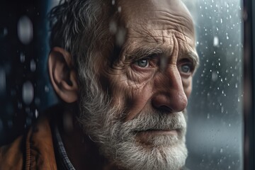 Senior man sad and depressed looking out of the window with raindrops on the glass window on a...