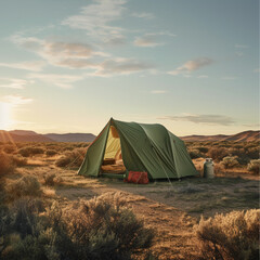 a forest green patagonia camping tent in a southern california mountain desert setting, it's dusk and the sun is setting. - obrazy, fototapety, plakaty