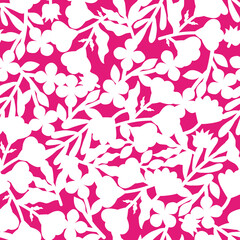 Fototapeta na wymiar Floral seamless pattern with silhouettes of white flowers and leaves on hot pink background. Raster botanical allover illustration