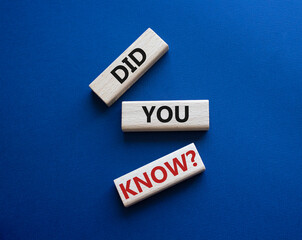 Did you know symbol. Wooden blocks with words Did you know. Beautiful deep blue background....