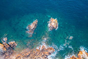 Drone view of the ocean, rocks, beautiful sea landscape from the drone.