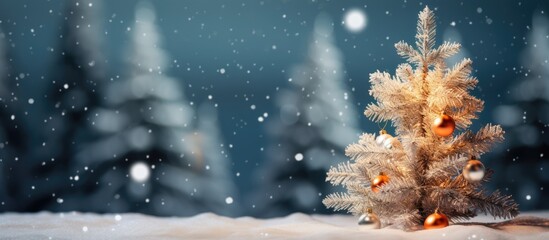 Fototapeta na wymiar Christmas tree closeup with snowy background and vintage color tone