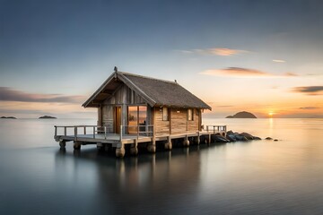 small hut over the lake in sunset - Powered by Adobe