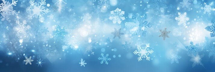 Fototapeta premium banner Blue and white Christmas background with snowflakes, New year card with copyspace for text.