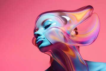 Futuristic woman portrait with liquid neon element. Iridescent hues background. Ai generated image