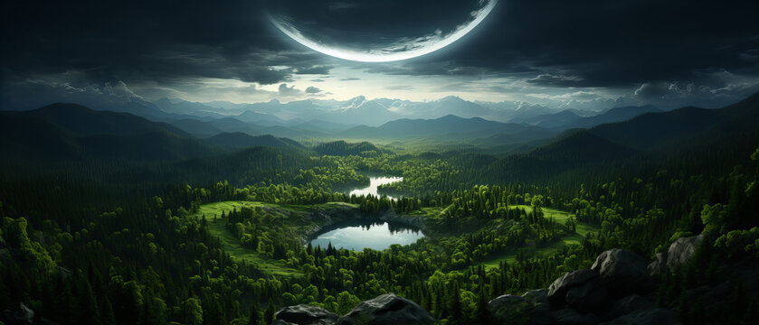 In a mystical jungle, moonlight bathes misty hills, a tranquil lake, and distant peaks, as a luminous moon pierces the dark clouds, creating an enchanting and mysterious atmosphere.