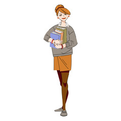 Cute woman with hair bun holding books while standing. Teacher dressed with jumper and skirt. Read more books concept. Hand drawn Vector trendy flat illustration