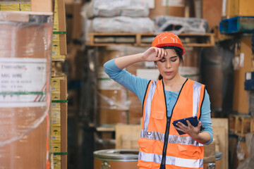 Tired stress Asian woman worker labor hard working in warehouse cargo inventory industry.