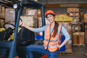 happy woman forklift staff worker work in warehouse logistics loading cargo products storage industry