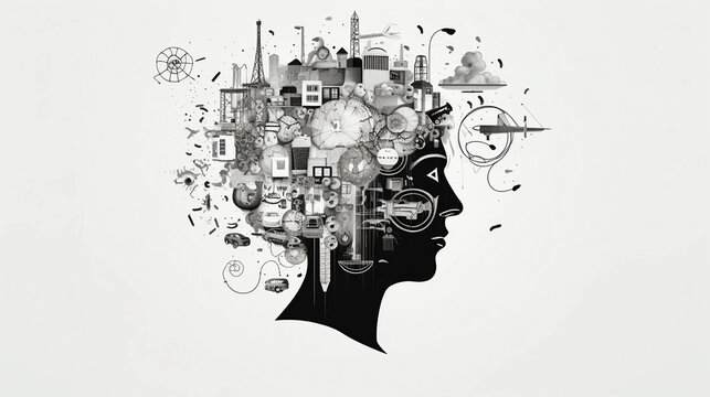 Brainstorming ideas creativy, Black and white, minimalist, few lines, line art illustration